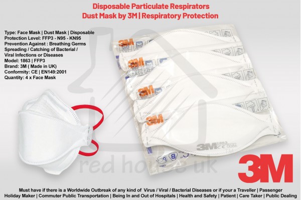 3M Mask 1863 Aura N95 FFP3 | CORONA VIRUS COVID-19 Outbreak | Particulate Respirator | GERMS Filter Dust Face Mask x 4
