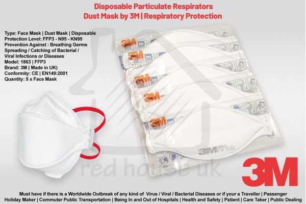3M Mask 1863 Aura N95 FFP3 | CORONA VIRUS COVID-19 Outbreak | Particulate Respirator | GERMS Filter Dust Face Mask x 5