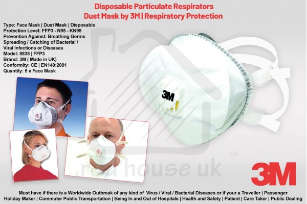 GERMS Filter Dust Face 3M Mask | 8835 N95 FFP3 | Particulate Respirator | CORONA VIRUS COVID-19 Outbreak | Qty 5 pc