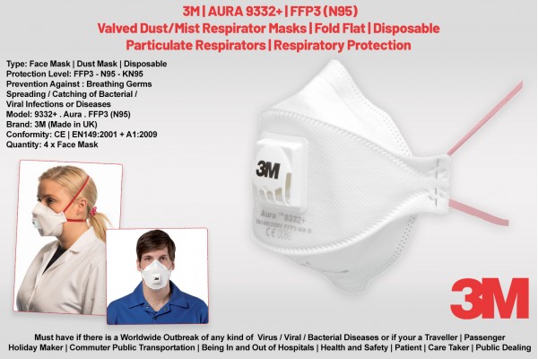 New Stock | 3M Mask For CORONA VIRUS COVID-19 | 9332+ Aura N95 FFP3 | Particulate Respirator | GERMS Filter Dust Face Mask | Qty 4 pc