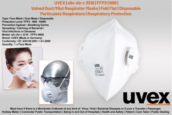 Uvex Mask silv-Air c 3310 N95 FFP3 | CORONA VIRUS COVID-19 Outbreak | GERMS Filter Dust Face Mask | Particulate Respirator | Germany | Qty 1 pc