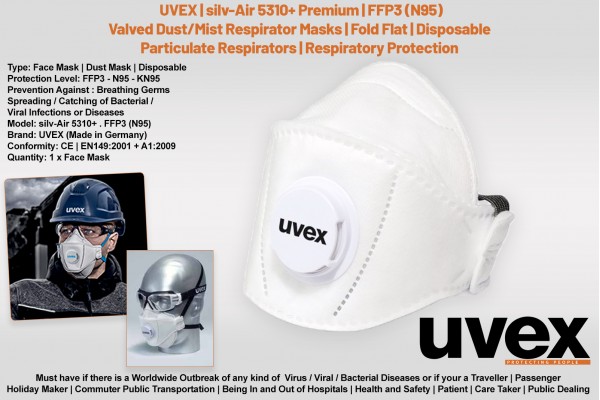 Uvex German Mask | silv-Air c 5310+ Premium N95 FFP3 | CORONA VIRUS COVID-19 Outbreak | GERMS Filter Dust Face Mask | Particulate Respirator | Qty 1pc
